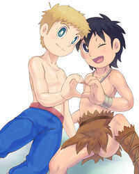  2boys black_eyes black_hair blonde_hair blue_eyes doraemon flock kukuru_(doraemon) lolicon male_focus multiple_boys muscle shirtless smile takeru33 