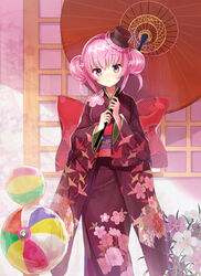  bad_id bad_pixiv_id blush dianthus double_bun female floral_print flower frilled_hat frills furisode hair_bun hair_flower hair_ornament hat hayama_eishi holding holding_umbrella japanese_clothes kimono long_sleeves mini_hat mini_top_hat obi oil-paper_umbrella original paper_balloon pink_eyes pink_hair sash solo standing top_hat umbrella wide_sleeves 