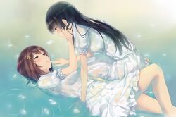  2girls absurdres black_hair blush brown_hair eye_contact finger_to_another&#039;s_mouth flowers_(innocent_grey) from_side green_eyes highres kousaka_mayuri lips long_hair long_legs looking_at_another lying medium_hair multiple_girls partially_submerged pleated_skirt profile shirahane_suou sitting skirt sugina_miki water wet wet_clothes yuri 