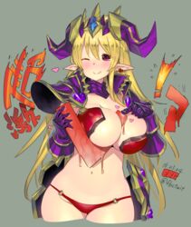  armor between_breasts bikini bikini_armor blonde_hair breasts cleavage commentary_request crown fbc female horns huge_breasts lilith_(p&amp;d) looking_at_viewer navel o-ring o-ring_bottom one_eye_closed pauldrons pointy_ears puzzle_&amp;_dragons red_bikini red_eyes shoulder_armor solo swimsuit thighhighs translated 