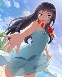  :d beach cloud cowboy_shot day dress dutch_angle female flower flower_necklace green_eyes halterneck hibiscus lei long_hair looking_at_viewer nanase_yoshino official_art open_mouth outdoors outstretched_arm purple_hair see-through_silhouette skirt_hold smile solo sundress wake_up_girls! wake_up_girls!_stage_no_tenshi wind wreath 