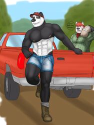  3:4 abs ailurid anthro bear biceps clothed clothing digital_media_(artwork) duo fur furgonomics garret_(rain-yatsu) giant_panda hi_res light_truck male mammal muscular nipples pecs pickup_truck rain-yatsu red_panda seattle_fur tight_clothing truck_(vehicle) vehicle yellow_eyes 