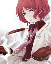  bad_id bad_pixiv_id female horikawa_raiko mitsudomoe_(shape) necktie nishigyou_teraa purple_necktie red_eyes red_hair short_hair smile solo tomoe_(symbol) touhou 