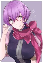  aiueo1234853 bad_id bad_twitter_id closed_mouth commentary female fire_emblem fire_emblem:_new_mystery_of_the_emblem fire_emblem_heroes glasses grey_background grey_eyes highres katarina_(fire_emblem) purple_hair red-framed_eyewear red_scarf scarf short_hair short_sleeves simple_background smile solo upper_body 