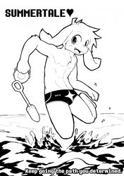  anthro asriel_dreemurr barefoot beach black_and_white bovid bucket bulge caprine clothed clothing container english_text feet front_view goat heart_symbol hi_res jumping looking_at_viewer mammal monochrome seaside smile solo spade_(disambiguation) speedo swimwear text topless undertale undertale_(series) water whiteleo young 