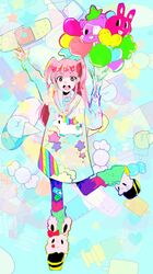  balloon colorful commentary female green_eyes long_hair multicolored_background nemoto_hina pink_hair raincoat smile solo toll_shi two_side_up watashi_ga_motenai_no_wa_dou_kangaetemo_omaera_ga_warui! waving 