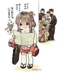  3girls 6+boys aged_down aircraft airplane akagi_(kancolle) archery arms_behind_back brown_hair check_commentary chibi closed_mouth commentary commentary_request fairy_(kancolle) flight_deck hajimete_no_otsukai hakama hakama_skirt hat imperial_japanese_navy japanese_clothes kantai_collection kyuudou lolicon long_hair map military military_uniform multiple_boys multiple_girls on_one_knee peaked_cap peeking_out pilot pilot_helmet quiver red_skirt scarf shigemitsu_jun skirt tearing_up tears translated twitter_username uniform 