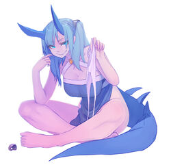  bare_shoulders barefoot blue_eyes blue_hair blue_horns breasts cleavage closed_mouth commentary_request dragon_girl dragon_horns dragon_tail dress elatius_the_anchorwielder eyeshadow female fingernails full_body hair_ornament halterneck holding holding_clothes holding_panties holding_underwear horns indian_style large_breasts long_hair looking_at_viewer makeup naughty_face no_panties oerba_yun_fang one_side_up panties pixiv_fantasia pixiv_fantasia_revenge_of_the_darkness sharp_fingernails sitting solo tail underwear uusquid white_panties 