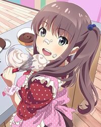  :d apron baking brown_hair cream cream_on_face female food food_on_face from_above green_eyes hair_bobbles hair_ornament long_hair looking_at_viewer looking_back mixing_bowl official_art okamoto_miyu open_mouth polka_dot polka_dot_scrunchie scrunchie smile solo twintails wake_up_girls! wake_up_girls!_stage_no_tenshi whisk wrist_scrunchie 