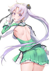  :o ahoge akitsushima_(kancolle) arm_at_side armpits ass back back_cutout bare_back black_hat black_ribbon blush breasts clothing_cutout commentary_request cowboy_shot earrings female gloves green_skirt hair_ribbon hand_up hat hisame_(gocbu) jewelry kantai_collection leaning_forward long_hair long_sleeves looking_at_viewer medium_breasts mini_hat miniskirt open_mouth parted_bangs petticoat pink_hair polka_dot polka_dot_background purple_eyes ribbon shoulder_blades side_ponytail sideboob simple_background skirt solo standing thighs white_background white_gloves 