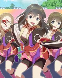  3girls :d bike_shorts blue_eyes breasts brown_hair cleavage dancing grin hayashida_airi japanese_clothes kikuma_kaya leg_warmers long_hair looking_at_viewer medium_breasts multiple_girls naruko_(instrument) official_art open_mouth shimada_mayu smile sweat wake_up_girls! wake_up_girls!_stage_no_tenshi 