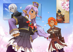  2boys 2girls armor bad_id bad_pixiv_id black_hair blue_eyes cherry_blossoms cloud elf elvaan final_fantasy final_fantasy_xi hachimaki hands_on_own_hips hat headband hume japanese_armor jewelry long_hair mozuyun multiple_boys multiple_girls orange_hair pantyhose pendant photoshop_(medium) pointy_ears prishe purple_hair samurai samurai_(final_fantasy) selh&#039;teus short_hair sky spring_(season) tenzen_(ff11) tree ulmia white_hair wind 