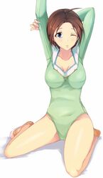  blue_eyes brown_hair character_request copyright_request female full_body green_leotard kalian leotard one_eye_closed short_hair sitting solo stretching wariza 