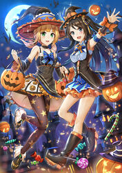  2girls :d armband bare_shoulders basket black_choker black_dress black_footwear black_hat black_legwear blue_bow blue_eyes blush boots bow bracer breasts candy candy_cane castle choker commentary_request dress emilia_(krt_girls) food green_eyes hair_ornament halloween hat hat_bow highres himonoata krt_girls lollipop long_hair looking_at_viewer midair moon multiple_girls night night_sky official_art open_mouth orange_bow outdoors partial_commentary pumpkin_print sky small_breasts smile spider_web_print twintails witch_hat wrapped_candy xiao_qiong 