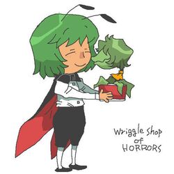  antennae ascot audrey_ii cape closed_eyes commentary female flower flower_pot green_hair jpeg_artifacts kazami_yuuka little_shop_of_horrors md5_mismatch onikobe_rin pantyhose plant short_hair smile touhou wriggle_nightbug 