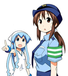  2girls :d :o anbe_masahiro armband armpits bangle blue_eyes blue_hair bracelet breasts brown_hair collared_shirt dress female_service_cap furukawa_keiko hair_ornament hair_scrunchie hat ikamusume jewelry large_breasts looking_afar low_ponytail mole mole_under_eye multiple_girls necktie official_art open_mouth pointing police police_hat police_uniform policewoman ponytail scrunchie shinryaku!_ikamusume shirt skirt small_breasts smile squid_hat sundress sweatdrop tareme tentacle_hair uniform 