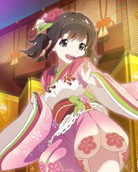  :d brown_eyes brown_hair female flower hair_flower hair_ornament japanese_clothes katayama_minami kimono looking_at_viewer low_twintails official_art open_mouth pink_kimono smile solo twintails wake_up_girls! wake_up_girls!_stage_no_tenshi yukata 