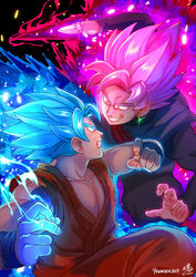  aura battle blue_hair dougi dragon_ball dragon_ball_super duel earrings evil_smile eye_contact glowing glowing_eyes gokuu_black jewelry looking_at_another multiple_boys pink_hair ry-spirit smile son_gokuu spiked_hair super_saiyan super_saiyan_blue super_saiyan_rose wristband 