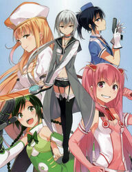  5girls amano_suzune bare_shoulders black_footwear black_hair blonde_hair blue_background blush boots braid breasts cleavage cleavage_cutout clothing_cutout coat elbow_gloves full_body gloves green_eyes green_hair grey_hair gun handgun hat hinata_matsuri holding holding_gun holding_weapon jewelry kanade_haruka long_hair looking_at_viewer mahou_shoujo_madoka_magica mahou_shoujo_suzune_magica midriff multiple_girls narumi_arisa navel necklace necktie official_art open_mouth orange_eyes photoshop_(medium) pink_gloves pink_hair ponytail profile red_eyes scan senri_gan shion_chisato shorts side_braid simple_background small_breasts smile sword teeth thigh_boots thighhighs trigger_discipline twin_braids very_long_hair weapon white_gloves 