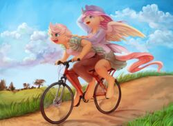  2018 absurd_res anthro anthrofied applejack_(mlp) audrarius bicycle blonde_hair clothed clothing cloud cowboy_hat cycling digital_media_(artwork) duo earth_pony equid equine feathered_wings feathers female fluttershy_(mlp) friendship_is_magic grass green_eyes hair hand_on_shoulder hasbro hat headgear headwear hi_res horse long_hair mammal my_little_pony open_mouth outside pink_hair plant pony sky teal_eyes vehicle wings 