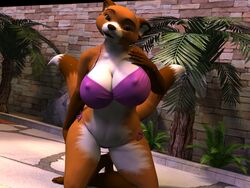  2015 3d_(artwork) 4:3 anthro big_breasts bikini biped blx24 breasts brown_body brown_fur brown_nose canid canine cleavage clothed clothing curvy_figure digital_media_(artwork) female fox fur green_eyes hi_res hindpaw kneeling lips looking_at_viewer mammal multi_tail navel orange_body orange_fur outside paws solo swimwear tail voluptuous white_body white_fur wide_hips 