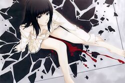  absurdres bare_legs barefoot black_eyes black_hair blood breasts cleavage female hand_on_own_leg highres innocent_grey kara_no_shoujo kuchiki_touko long_hair looking_at_viewer looking_up medium_breasts no_bra official_art open_clothes open_shirt scan school_uniform shards shattered sitting skirt solo sugina_miki white_skirt 