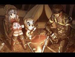  2boys 2girls animal_crossing bandana big_boss campfire camping commentary_request crossover cup eyepatch food guitar highres instrument k.k._slider_(animal_crossing) kagamihara_nadeshiko kirby kirby_(series) meat metal_gear_(series) monster_hunter:_world monster_hunter_(series) mug multiple_boys multiple_crossover multiple_girls ootsuka_akio saiki_rider shima_rin tent voice_actor_connection yurucamp 