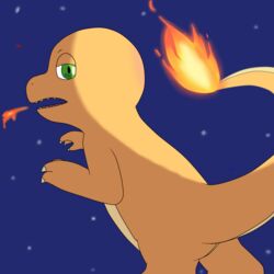  1:1 abonzabay charmander claws fire generation_1_pokemon glistening glistening_eyes glowing green_eyes looking_at_viewer looking_back night nintendo open_mouth outlines pokemon pokemon_(species) star teeth 