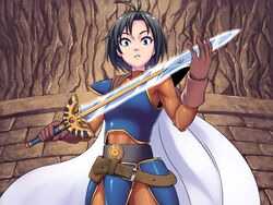  black_hair blue_eyes cape commentary_request cosplay dragon_quest dragon_quest_i female gloves hero_(dq1) hero_(dq1)_(cosplay) idolmaster idolmaster_(classic) kikuchi_makoto looking_at_viewer oku_(okumen) open_mouth parted_lips short_hair solo sword weapon 