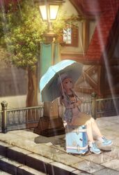  absurdres artoria_pendragon_(fate) bad_id bad_pixiv_id banner bare_legs blonde_hair blue_umbrella building commentary fate_(series) female goyain hat highres holding holding_umbrella jacket lamppost long_hair long_sleeves looking_up mabinogi open_clothes open_jacket original outdoors pavement pink_skirt player_character_(mabinogi) pleated_skirt purple_eyes railing rain saber_(fate) shade sitting sitting_on_object skirt sticker suitcase sunlight travel tree umbrella under_umbrella 