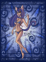  2013 3:4 anthro barefoot bikini biped blue_body blue_fur blue_hair bra breasts clothed clothing collar digital_media_(artwork) feet felid female fur hair hi_res long_hair looking_at_viewer makeup mammal momo_(disambiguation) momo_kitty navel raised_leg raptor007 skimpy smile solo swimwear underwear yellow_eyes 