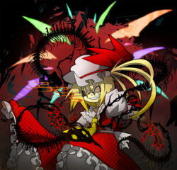  animenishikihebi blonde_hair bow claws commentary_request crazy_eyes evil_grin evil_smile female flandre_scarlet glowing glowing_eyes grin hairbow long_hair monster photoshop_(medium) sharp_teeth side_ponytail smile teeth touhou wings 