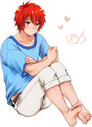  1boy barefoot capri_pants commentary_request feet full_body ittoki_otoya koriina male_focus o3o pants red_eyes red_hair simple_background soles solo toenails toes uta_no_prince-sama white_background 