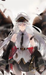  azur_lane belt black_belt black_coat black_necktie coat collared_shirt commentary_request cowboy_shot enterprise_(azur_lane) female hat long_hair military miniskirt necktie open_clothes open_coat peaked_cap purple_eyes shirt skirt sleeveless sleeveless_shirt solo tooduki_kichi underbust white_hair white_hat 