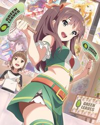  2girls :d belt brown_hair green_eyes hair_ribbon hand_fan hisami_nanami long_hair looking_at_viewer midriff multiple_girls official_art okamoto_miyu open_mouth paper_fan poster_(object) ribbon skirt smile solo_focus thighhighs twintails uchiwa wake_up_girls! wake_up_girls!_stage_no_tenshi 