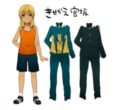  1boy androgynous bad_id bad_pixiv_id blonde_hair full_body gakuran green_eyes inazuma_eleven inazuma_eleven_(series) jacket long_hair male_focus miyasaka_ryou raimon raimon_school_uniform raimon_track_uniform school_uniform shorts simple_background smile soccer_uniform solo sportswear tan tank_top tomo_(sjim) track_jacket white_background 