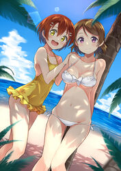  2girls :3 :d beach bikini blush bow breasts brown_hair casual_one-piece_swimsuit cleavage cloud collarbone commentary covered_navel dappled_sunlight day dutch_angle frilled_one-piece_swimsuit frills front-tie_top hair_ornament hairclip hands_on_another&#039;s_shoulder horizon hoshizora_rin koizumi_hanayo lens_flare light_smile love_live! love_live!_school_idol_project medium_breasts midriff multiple_girls navel ocean one-piece_swimsuit open_mouth orange_hair outdoors palm_tree purple_eyes shitou_(1992116210) short_hair sky small_breasts smile standing sunlight swept_bangs swimsuit thigh_gap tree underboob white_bikini yellow_eyes yellow_one-piece_swimsuit 