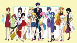  1boy 6+girls aged_up aino_minako aino_venus barefoot bishoujo_senshi_sailor_moon black_hair black_pants blonde_hair blue_hair blue_sailor_collar broom brown_hair chiba_mamoru commentary_request double_bun everyone eyewear_on_head hair_bun hands_on_own_hips hat hino_rei hino_rin japanese_clothes kino_kanari kino_makoto lab_coat makacoon miko mizuno_aina mizuno_ami multiple_girls necktie pants pantyhose pink_hair ponytail sailor_collar sandals school_uniform serafuku side_slit socks sunglasses teenage tomoe_hotaru tsukino_koyomi tsukino_mikage tsukino_usagi twintails zouri 