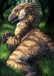  claws dinosaur dromaeosaurid esi_sharpclaw extinct feathered_dinosaur feathered_scalie feathers female feral grass maggock plant prehistoric_species reptile scalie solo teeth theropod tongue velociraptor 