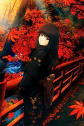  absurdres black_hair bridge cowboy_shot female floral_print grey_eyes highres japanese_clothes kara_no_shoujo kimono kuchiki_touko leaf long_hair looking_at_viewer obi sash solo sugina_miki tree water yukata 