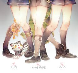  artist_name bad_id bad_pixiv_id english gokotai gokotai&#039;s_tigers gradient gradient_background grey_background heart hotarumaru legs male_focus multiple_boys namie-kun open_mouth pigeon-toed shoes shorts sock_garters socks standing tiger tiger_cub touken_ranbu white_tiger yagen_toushirou 