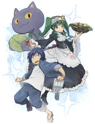  1boy :3 black_legwear blue_hair blue_jacket blue_pants breasts colored_sclera commentary_request crown feline female food geta green_hair hairband highres holding holding_food jacket kuroi_ginko kuroi_souya lama_(kusuriya) large_breasts lettuce long_hair long_sleeves looking_at_viewer maid mask mini_crown pants planet_with puffy_sleeves red_eyes salad sensei_(planet_with) shirt sidelocks skirt t-shirt tilted_headwear twintails unworn_mask white_shirt yellow_sclera 