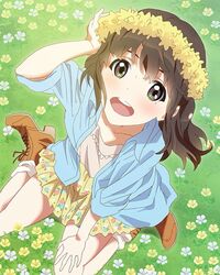  :d blush boots brown_eyes brown_hair female field floral_print flower flower_field from_above head_wreath katayama_minami long_hair looking_at_viewer official_art open_mouth sitting skirt smile solo wake_up_girls! wake_up_girls!_stage_no_tenshi wariza wind wreath 