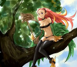  bad_id bad_pixiv_id bare_shoulders black_legwear breasts choker duel_monster earrings feathered_wings feathers female gradient_hair hairband harp harpie_harpist harpy in_tree instrument jewelry large_breasts long_hair looking_at_viewer midriff monster_girl multicolored_hair navel pink_hair pointy_ears purple_eyes rk925 sitting sitting_in_tree smile strapless talons tree underboob very_long_hair winged_arms wings yu-gi-oh! 