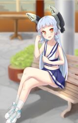  bad_id bad_pixiv_id bench blue_hair breasts cheerleader clothes_pull crossed_legs drum_(acta2436) female hair_ribbon headgear highres kantai_collection long_hair looking_at_viewer midriff murakumo_(kancolle) navel open_mouth orange_eyes ribbon shirt_pull short_eyebrows sitting small_breasts solo 