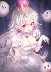  :3 blush boo_(mario) breasts cleavage collar collar_jewel collarbone commentary crown dress earrings elbow_gloves female frilled_collar frilled_dress frilled_gloves frills ghost_pose gloves highres jewelry large_breasts long_hair looking_at_viewer luigi&#039;s_mansion mario_(series) new_super_mario_bros._u_deluxe pendant_collar pointy_ears princess_king_boo red_eyes revision saltycaramel sharp_teeth smile solo sphere_earrings super_crown teeth tongue tongue_out very_long_hair white_dress white_gloves white_hair 