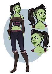  black_hair breasts clothed clothing ear_piercing female green_body green_skin grey_eyes hair hi_res humanoid humanoid_pointy_ears midriff model_sheet multiple_scenes not_furry orc piercing ponytail rogue scar sirmeo smile solo tusks 