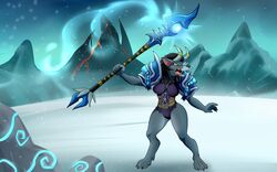  16:10 2015 angry anthro armor belt black_body black_fur black_hair black_nose blizzard_entertainment breasts canid claws demon_hunter desolate detailed_background digital_media_(artwork) female fur green_eyes hair horn lonbluewolf lyalia mammal mountain open_mouth sky snow solo staff teeth tongue warcraft were werecanid widescreen worgen yellow_sclera 