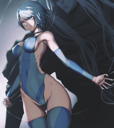  armpits ass_visible_through_thighs bare_shoulders blue_leotard blue_thighhighs breasts breasts_apart cameltoe choker closed_mouth commentary_request covered_navel covered_nipples cowboy_shot dark detached_sleeves female grey_eyes groin harlequin_(karakuri_circus) highleg highleg_leotard highres hip_bones hip_focus karakuri_circus leotard medium_breasts narrow_waist pandarou puppet puppet_strings revision ribs shirogane_(karakuri_circus) short_hair silver_hair skin_tight skinny standing thigh_gap thighhighs 