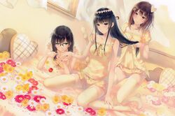  3girls absurdres bed black_hair blush breasts brushing_another&#039;s_hair brushing_hair cleavage comb cross curtains flower flowers_(innocent_grey) full_body glasses green_eyes hair_ornament hairclip hanabishi_rikka head_wreath heart heart-shaped_pillow heart_hair_ornament highres jewelry kneeling kousaka_mayuri light_brown_hair long_legs lying medium_breasts multiple_girls nail_polish necklace on_stomach panties parted_lips pillow shirahane_suou sitting small_breasts smile sugina_miki thighhighs twintails underwear window yellow_legwear 